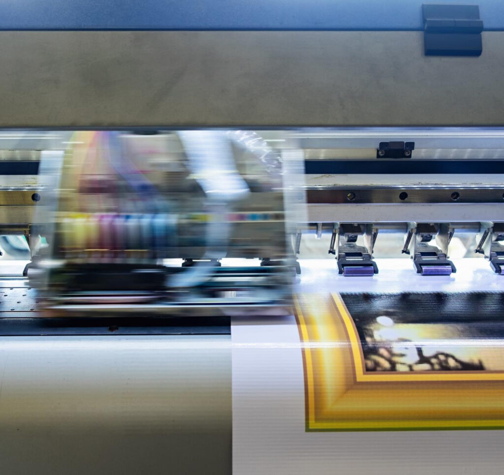 Printer machine inkjet during production on vinyl